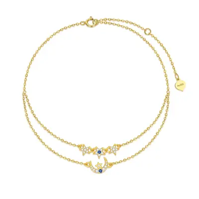 14K Gold Zircon Moon & Star Multi-layered Charm Anklet