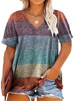 Colorblock Patchwork Print V Neck Tee, Casual Fabric Short Sleeve T-shirt, T Shirts for Women, Summer Tees, Women Tee Shirts...