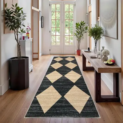Garvee Plaid Black Beige 2x6 Washable Checkered Rug Runner Non-Slip Low Pile Soft Trellis Distressed Hallway Kitchen Bedroom