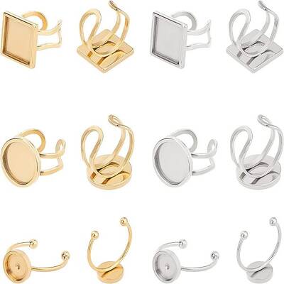 12Pcs 6 Styles 304 Stainless Steel Cuff Pad Ring Settings