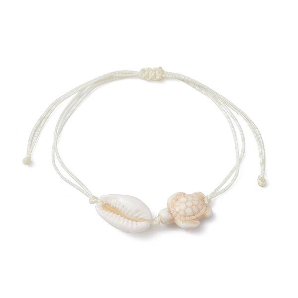 Synthetic Turquoise Turtle & Natural Shell Braided Bead Bracelet