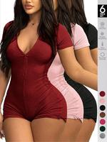 Women's Solid Color Ribbed Romper, Casual Comfy Playsuit Jumpsuit for Daily Wear, Ladies Sleepwear for All Seasons, Womenswea...