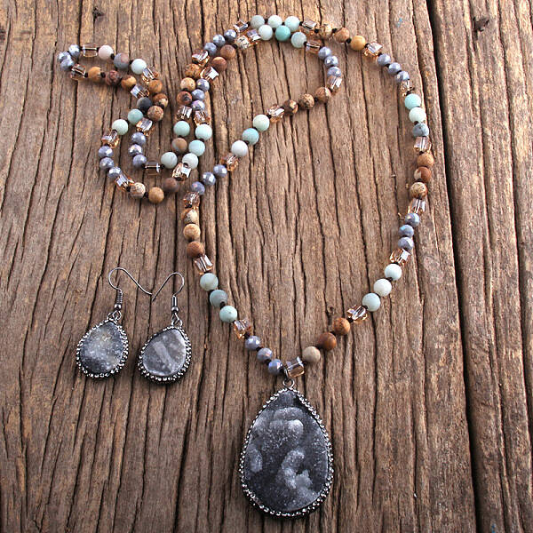 Teardrop Bohemian Style Glass with Natural Picture Jasper Pendant Necklace & Dangle Earrings Sets