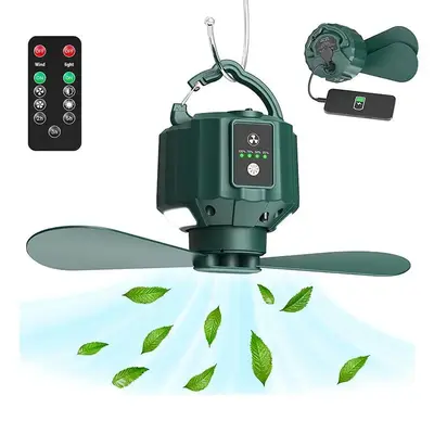 Rechargeable Outdoor Tent Fan with LED Lights, Outdoor Camping Fan with Remote Control & Power Bank Function for Tent Travel