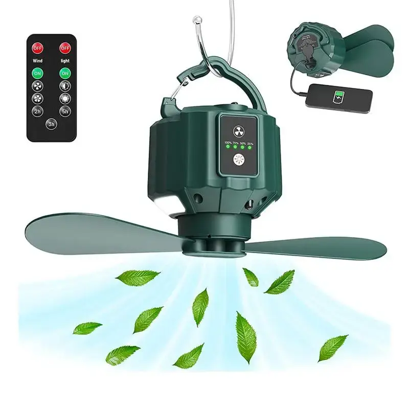 Rechargeable Outdoor Tent Fan with LED Lights, Outdoor Camping Fan with Remote Control & Power Bank Function for Tent Travel