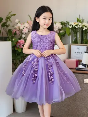 Girl's Appliques Bow Back Tulle Party Dress, Elegant Sleeveless Round Neck Fit & Flare Dress for Party Performance Wedding Gu...