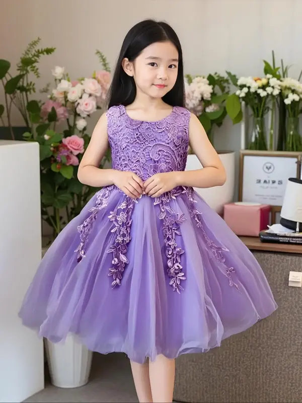 Girl's Appliques Bow Back Tulle Party Dress, Elegant Sleeveless Round Neck Fit & Flare Dress for Party Performance Wedding Gu...