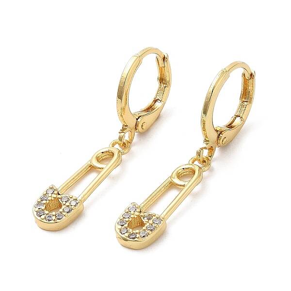 Rack Plating Brass Safety Pin Dangle Leverback Earrings with Cubic Zirconia