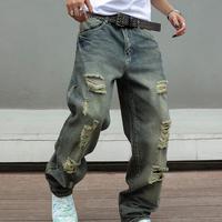 MZNBURAM Men's Ripped Non-Stretch Regular Fit Straight-Leg Denim Pants Jeans
