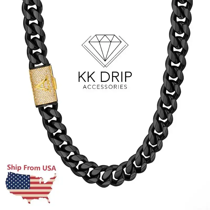 KK Drip Accessories Men's Black Cuban Chain Necklace – Chunky Thick Heavy Hip Hop Punk Stainless Steel Chain, Rugged Statem...