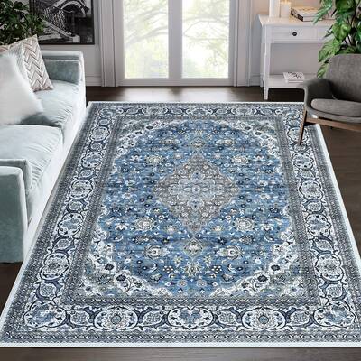 Garvee Oriental Blue 4x6 Vintage Medallion Area Rug Non Slip Washable Rug Non Shedding Distressed Rug Low Pile Throw Rug for ...