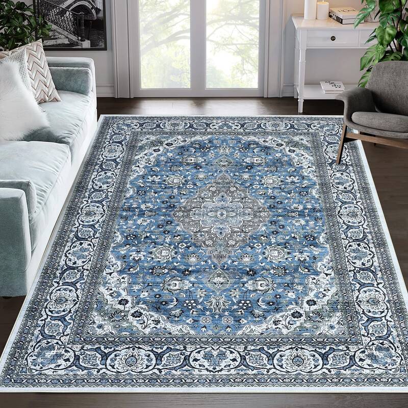 Garvee Oriental Blue 4x6 Vintage Medallion Area Rug Non Slip Washable Rug Non Shedding Distressed Rug Low Pile Throw Rug for ...