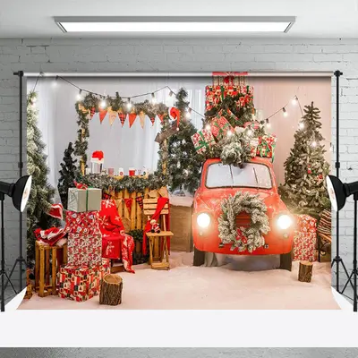 Christmas Tree Red Car Gifts Photo Shoot Backdrop - Aperturee