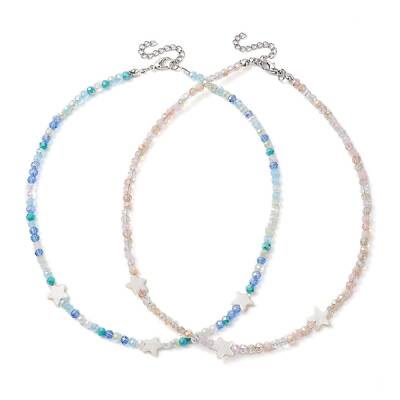 2Pcs 2 Color Glass & Natural Shell Star Beaded Necklaces Set