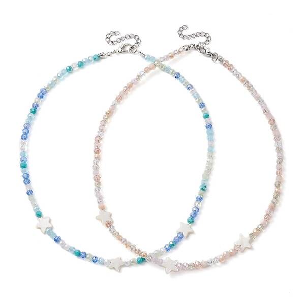 2Pcs 2 Color Glass & Natural Shell Star Beaded Necklaces Set
