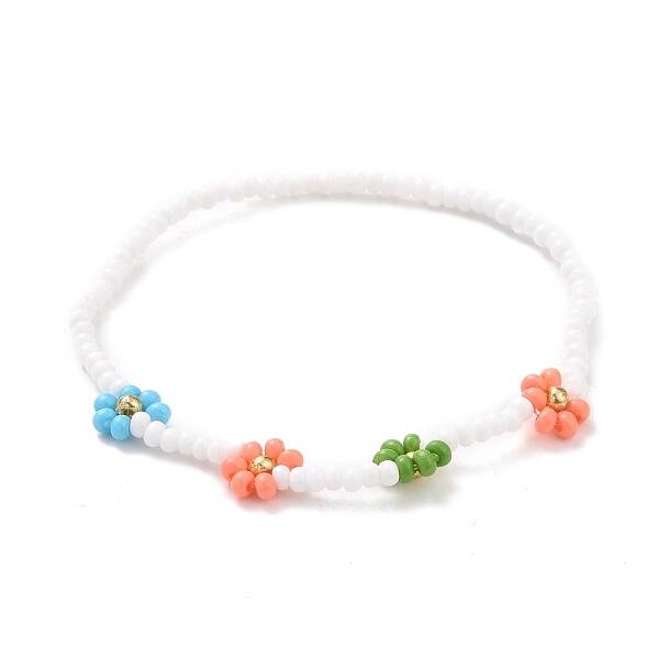 Handmade Daisy Flower Baking Paint & Dyed Glass Seed Beaded Stretch Bracelets