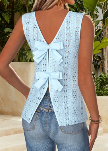 Modlily Light Blue Bowknot Sleeveless Round Neck Tank Top - M