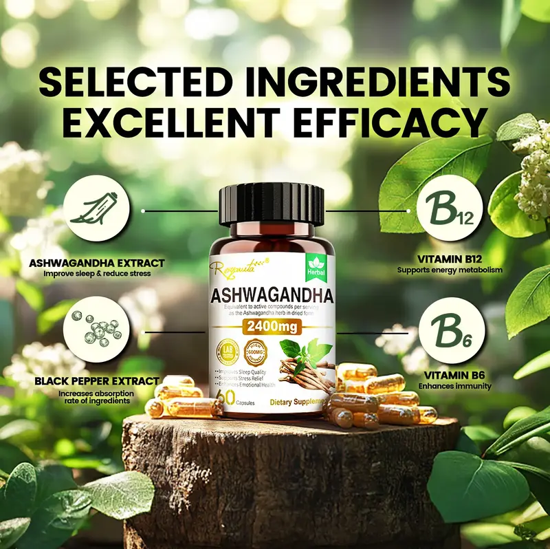 Royavita Ashwagandha, 60 capsules, a combined supplement of Ashwagandha with Vitamin B6 and Vitamin B12 for Stress Relief, Me...