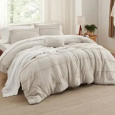 Bedsure Comforter Set - 4 Pieces Pinch Pleat Bed Set, Boho Bedding for All Season, 1 Soft Comforter, 2 Pillowcases, 1 Decorat...
