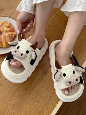 1 Pair Simple Cute Cow Slippers, Casual Soft Platform Home Slippers for Indoor & Outdoor, Perfect Sweat-absorbing Linen Slipp...