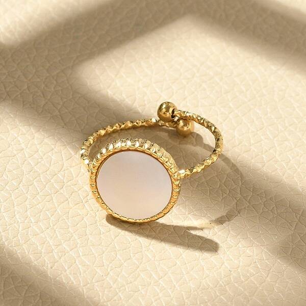 Flat Round 304 Stainless Steel White Shell Cuff Rings for Women