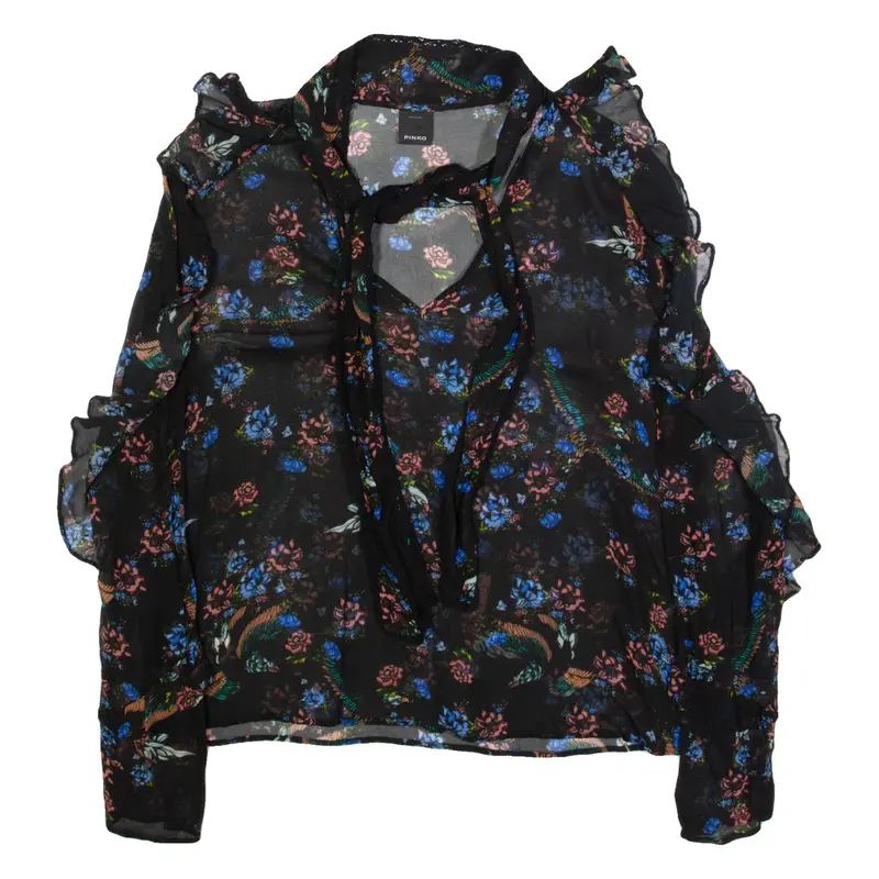 PINKO Sheer Womens Printed Blouse Black V-Neck Long Sleeve Floral UK 8