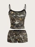 Women's Camo Print Spaghetti Strap Cami Top & Shorts Two-piece Set, Casual Fashion Cozy Two Piece Outfits for Daily Outdoor W...