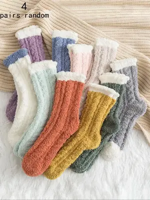 Women's Colorblock Fuzzy Crew Socks, Soft Comfy Warm Mid-calf Socks for Fall & Winter, Women's Socks for Daily Wear, Cold Wea...
