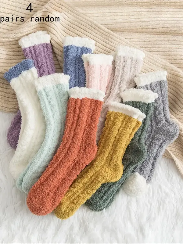 Women's Colorblock Fuzzy Crew Socks, Soft Comfy Warm Mid-calf Socks for Fall & Winter, Women's Socks for Daily Wear, Cold Wea...