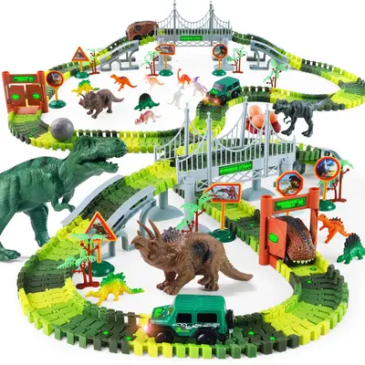 215 Pcs Glow-in-the-Dark Dinosaur Park Jurassic Race Track Train Playset Toys for Kids Car 215 PCS Road Toys for Boys,Girls,B...