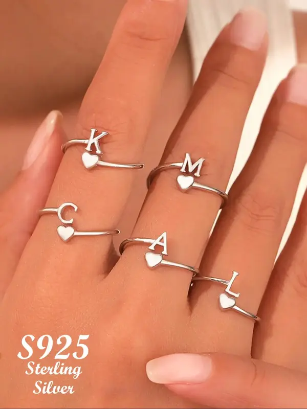925 Sterling Silver Fashion Alphabet Design Ring, Heart Design Ring for Women & Girls, Trendy All-match & Exquisite Jewelry f...