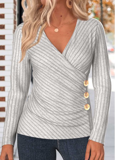Modlily Light Grey Button Long Sleeve V Neck T Shirt - L