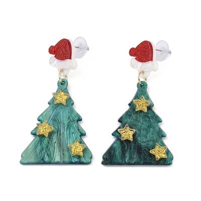 Glitter Hat Christmas Tree Acrylic Dangle Stud Earrings