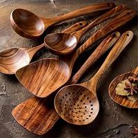 UEWFRPO Wooden Kitchen Utensils Set, 8 Piece Wooden Spoon for Cooking, Wooden Tools for Cooking, Natural Teak Kitchen Utensil...