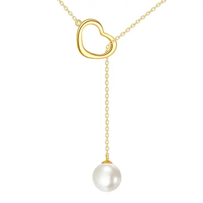 14K Gold Circular Shaped Pearl Heart Adjustable Y Necklace