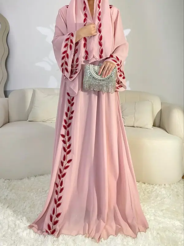 Arabic Clothing-leaf Embroidered Bell Sleeve Arabian Dress with Hijab, Elegant Long Kaftan Dresses Loose Abayas, Modesty Thob...