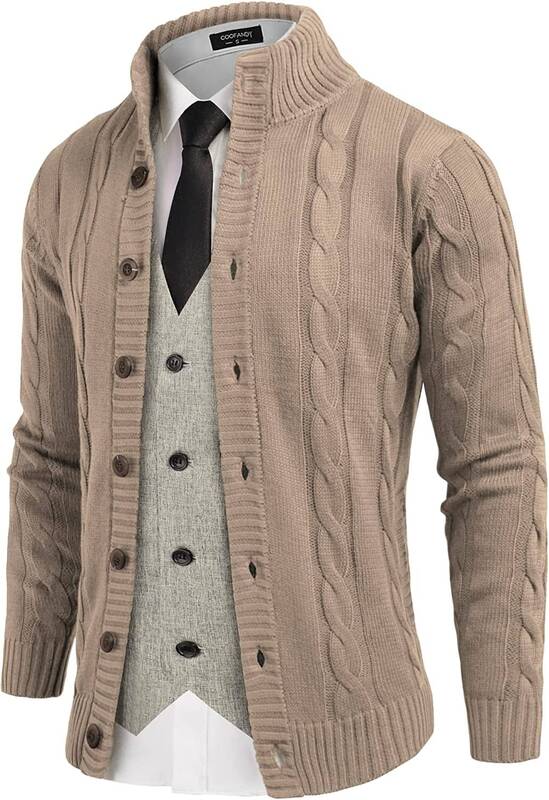 Cardigan Cable Knitted Button Down Sweater (US Only), Khaki / L