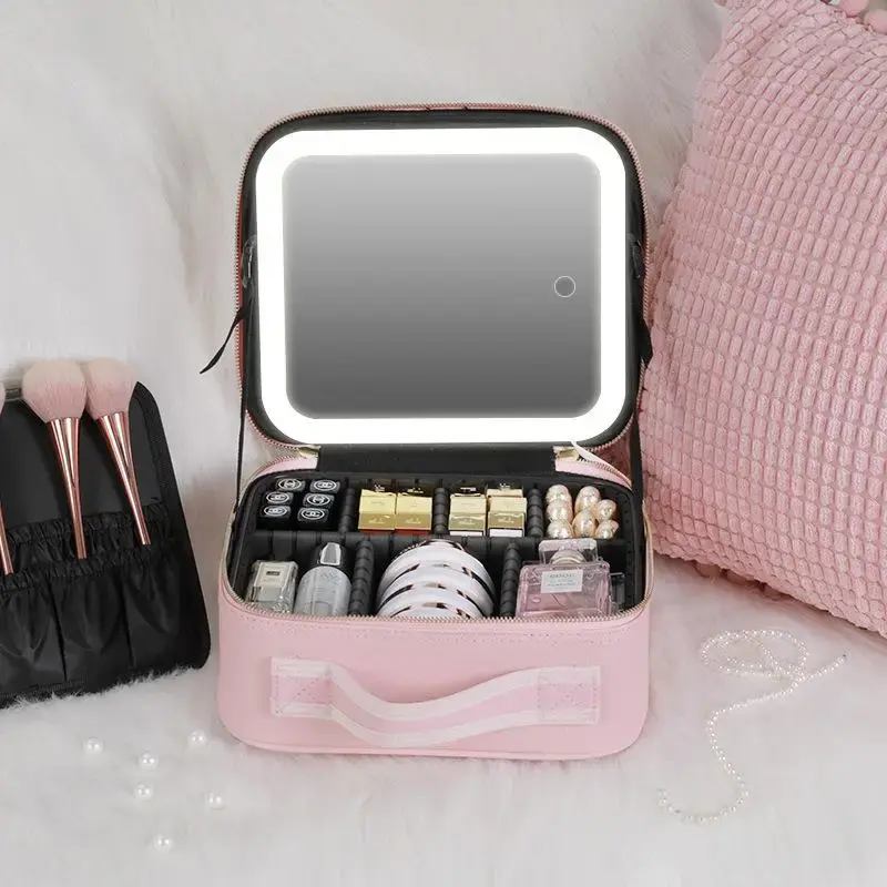 Travel Makeup Bag with LED Lighted Mirror, 1 Count Adjustable Brightness Waterproof Cosmetic Train Case Organizer with DIY Di...