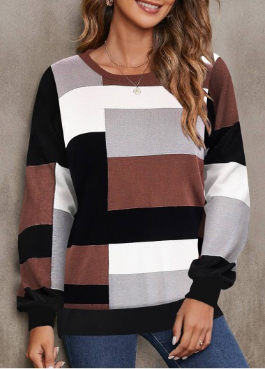 Modlily Dark Coffee Patchwork Geometric Print Long Sleeve Sweatshirt - XL