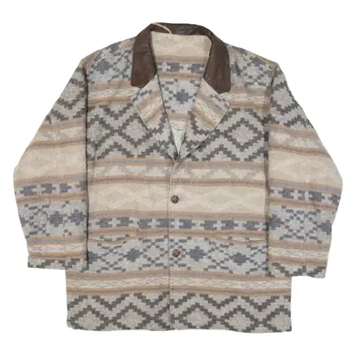 Quilted Lined Mens Jacket Beige Knit Wool 90s Fair Isle XL