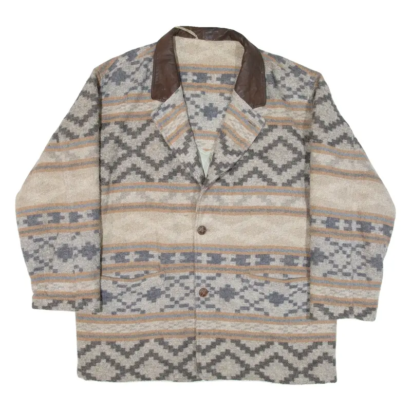 Quilted Lined Mens Jacket Beige Knit Wool 90s Fair Isle XL