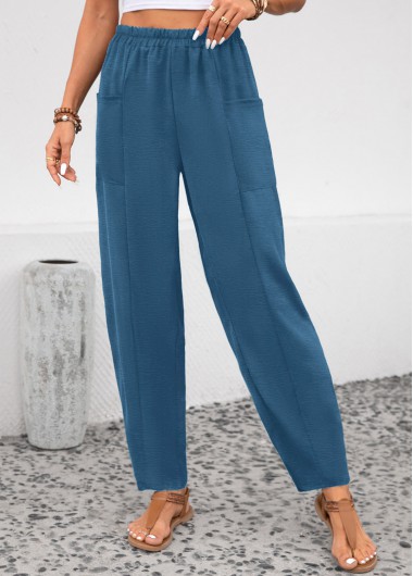 Modlily Peacock Blue Pocket Elastic Waist High Waisted Pants - L