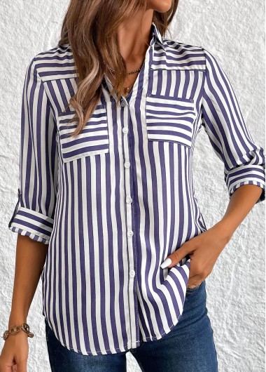 Modlily Navy Button Striped 3/4 Sleeve Shirt - XXL