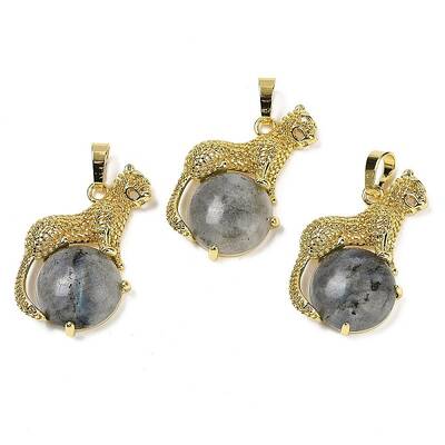 Natural Labradorite Ball with Leopard Shape Brass Pendants
