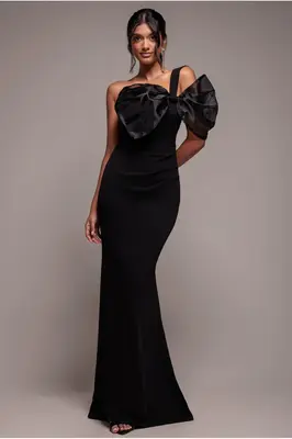 Goddiva Organza Bow One Shoulder Scuba Crepe Maxi Dress - Black