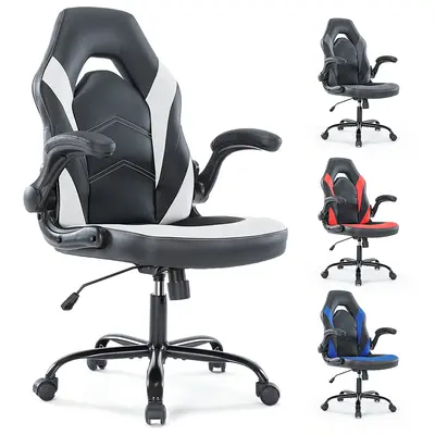 FurniChic Haven Ergonomic Office Computer Gaming Chair with Lumbar Support Flip-up Arms Adjustable Height PU Leather Swivel w...