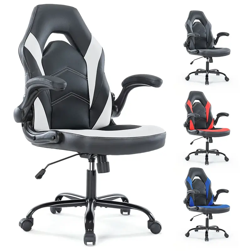 FurniChic Haven Ergonomic Office Computer Gaming Chair with Lumbar Support Flip-up Arms Adjustable Height PU Leather Swivel w...