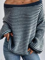 Women's Striped Pattern Drop Shoulder Sweater, Casual Loose Fit Bishop Sleeve Boat Neck Jumper for Daily Outdoor Wear, Ladi...