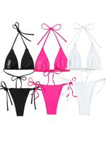 Mix & Match Sizing Solid Bikini Top/bottoms Bikini Set, Casual Halter Neck Backless Triangle Swim Top, Tie Side Swim Thong, W...
