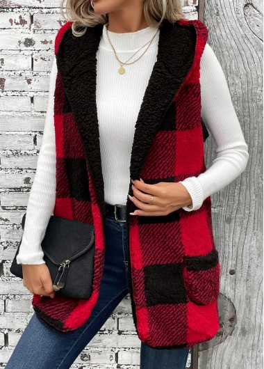 Modlily Red Patchwork Plaid Sleeveless Hooded Waistcoat - L